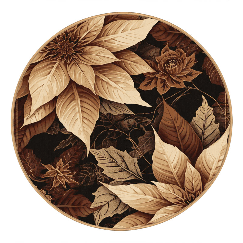 Tapis floral orné de poinsettias lavables à la machine en noir - reliure brun clair, Rond 7 pi