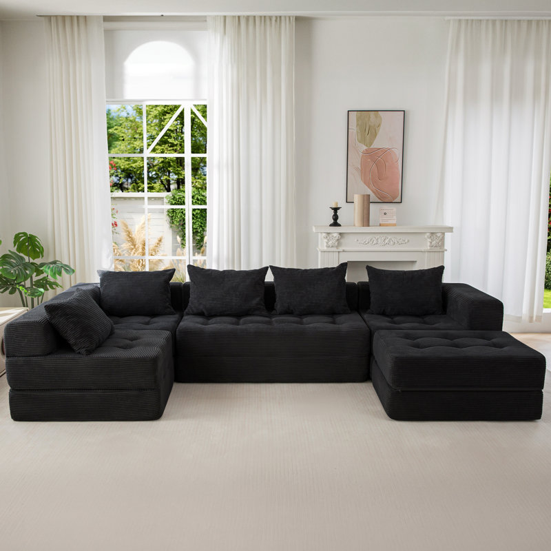 Boneless U Shaped Modular Sectional Sofa Couch, 15" H x 125" W x 63" D, Black Corduroy