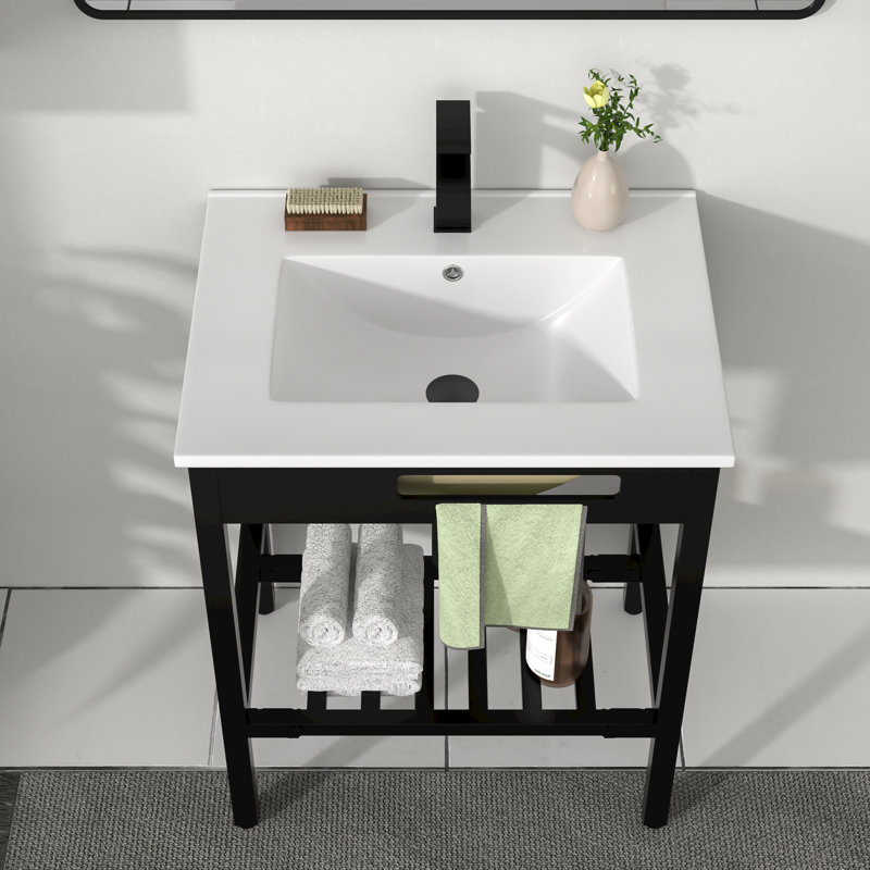 Lavabo de salle de bain rectangulaire 24 po à cuve rectangulaire en céramique blanche avec trop-plein