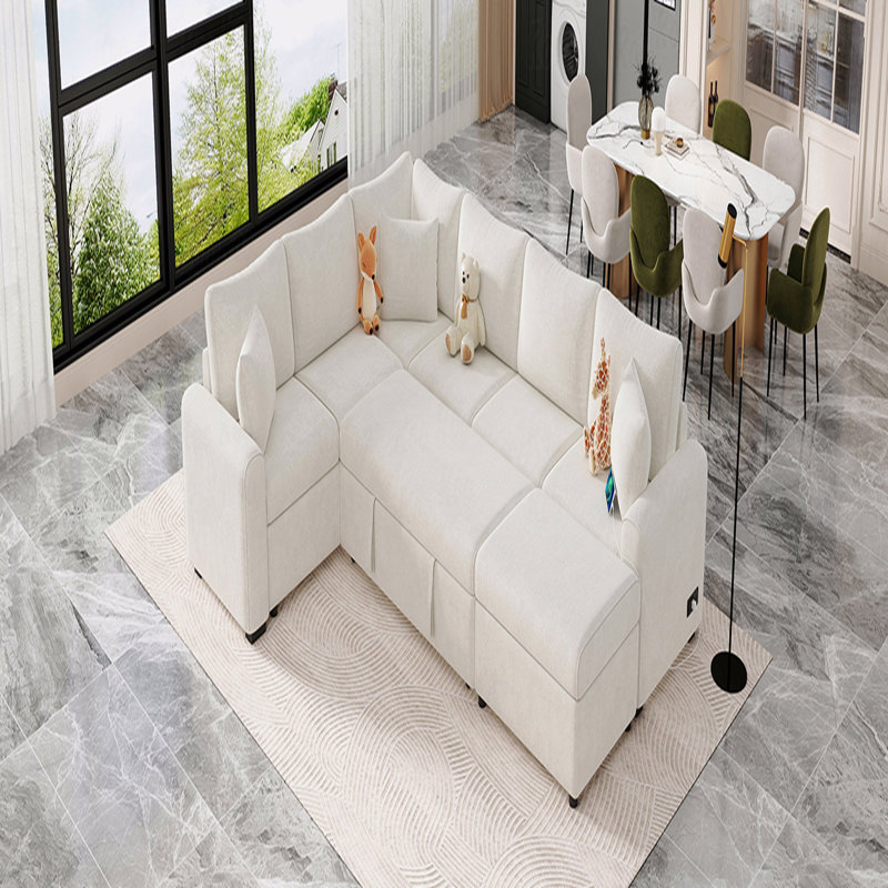 Sleeper, 112.2" Basic Sectional Sofa Sofa Pull-Out Sofa Bed  With A Storage Ottoman,Three Throw Pillows And Charging Devices