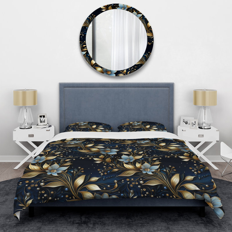 Ensemble de housse de couette Midnight Blue And Golden Floral, Housse de couette pour grand lit et 2 taies décor