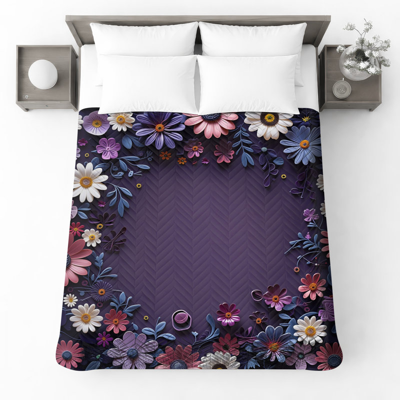 Couvre-lit matelassé à motif floral, Ensemble de courtepointe très grand, Mauve et bleu / floral