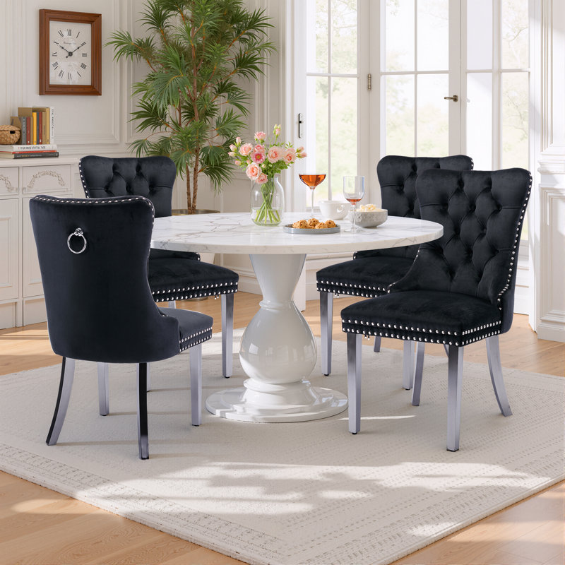 Ensemble de 6 chaises de salle à manger en velours rembourrées haut de gamme avec garniture cloutée et pieds en métal, collection Nikki de style contemporain