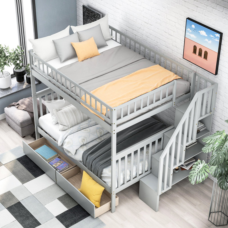 Lit double superposé au dessus d'un lit double avec rangement, gris - deux tiroirs, 4 espaces de rangement, capacité 4 de priorité, repos sécuritaire