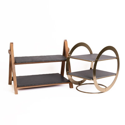 Artesa 2 Piece Slate & Wood Serving Stand Set