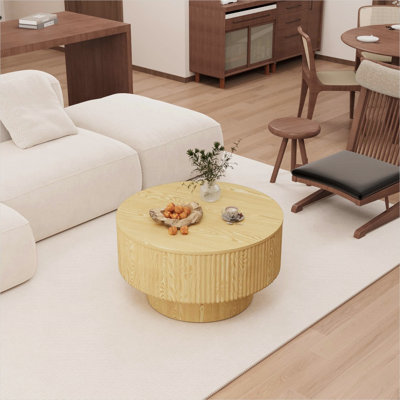 Table basse ronde 29,53 po avec panneau rainuré et rangement caché, finition naturelle