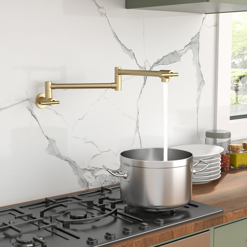Mocoloo Wall Mount Swing Arm Folding Pot Filler Kitchen Faucet, Brushed Gold