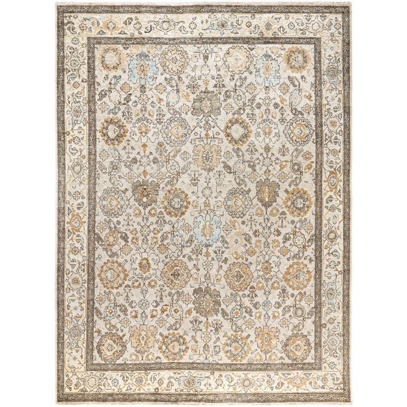 Tapis unique noué à la main Raffin - ivoire 7 pi 9 po x 10 pi 3 po Raffin