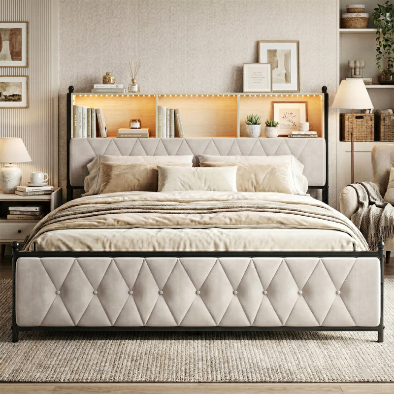 EU Double & King Velvet Storage Bed With 4 Drawers & LED Headboard, Upholstered Bed Frame With USB Ports, Beige