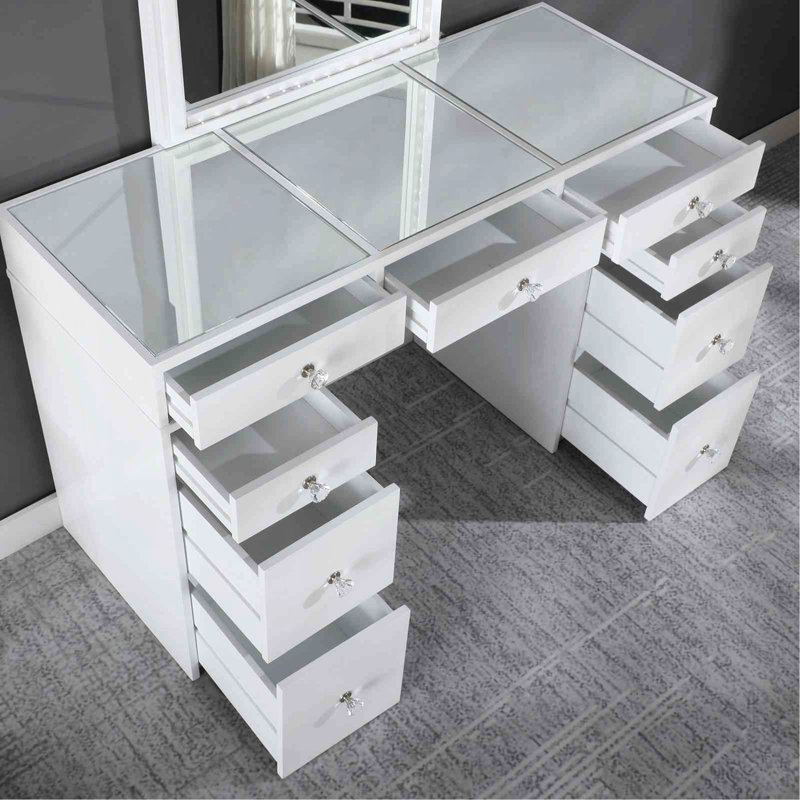 Contemporary Style 1Pc Vanity Set  Mirror LED Lights Storage Drawers Wooden Glides Stool Included Bedroom Furniture