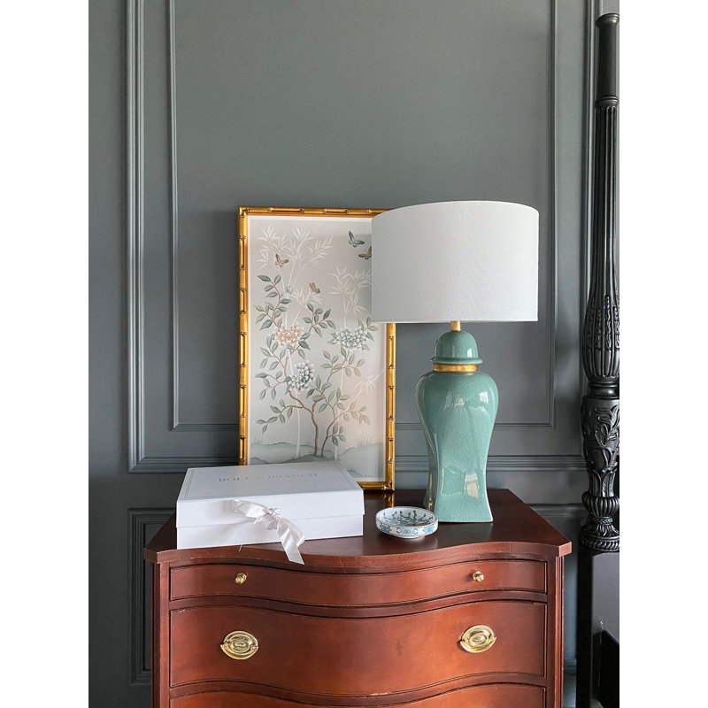Elegant Jade Green Ceramic Table Lamp with White Linen Shade