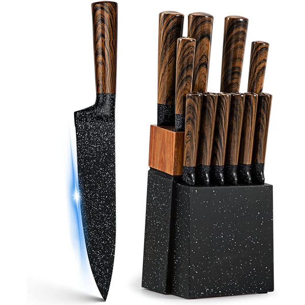14-Pieces Damascus Kitchen Knife Set with Rubber Wood Block and