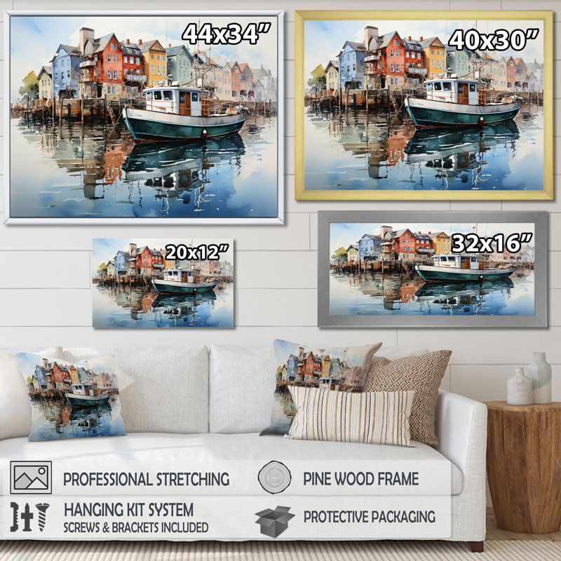 Port Port Reflections XVII sur toile, H 16 po x l 32 po x P 1 po, Cadre photo noir