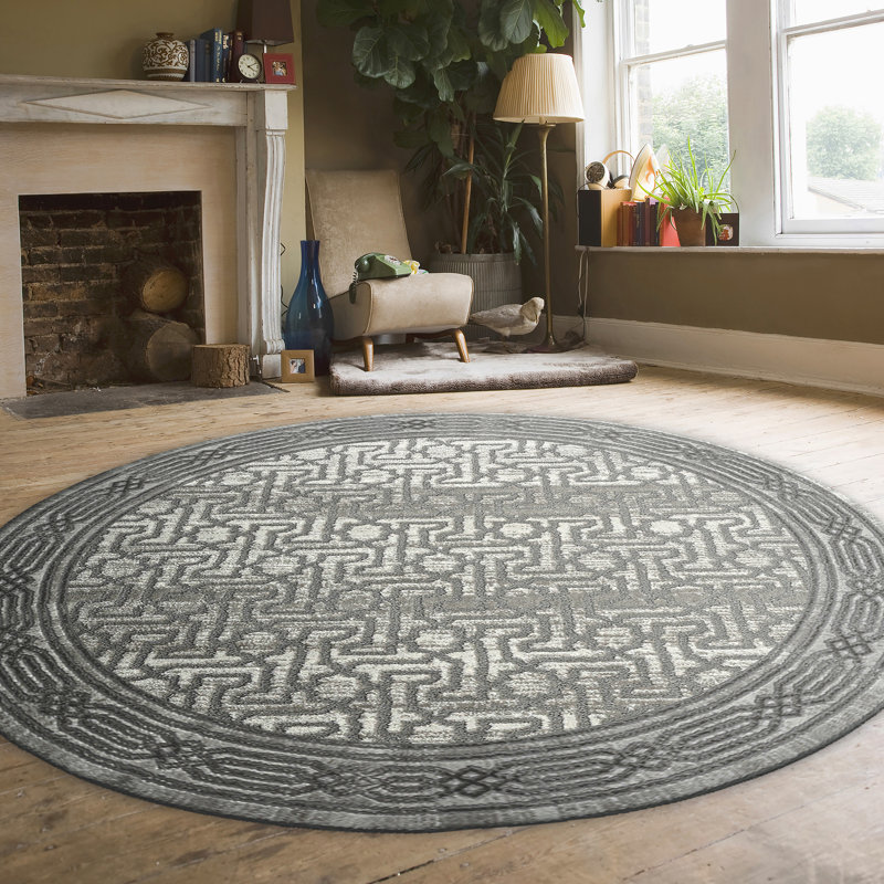 Davide Transitional Bordered Gray Area Rug, Round 5'3"