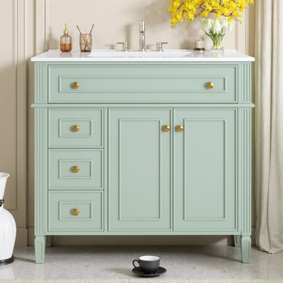 Meuble-lavabo de 36 po avec lavabo, armoire en bois massif avec tiroir rabattable, 3 tiroirs et 2 portes à fermeture en douceur, poignées dorées, finition peinte en vert, meuble-lavabo de rangement autoportant moderne