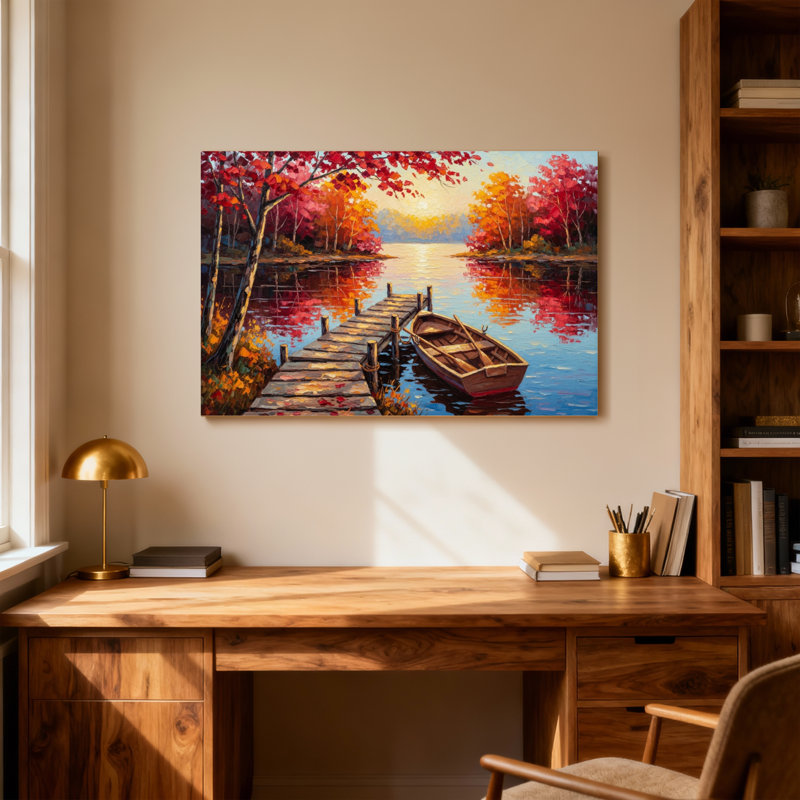 Paysage, nature, automne, lac, quai, bateau, coucher de soleil, arbres, réflexion, H 32 po x l 48 po