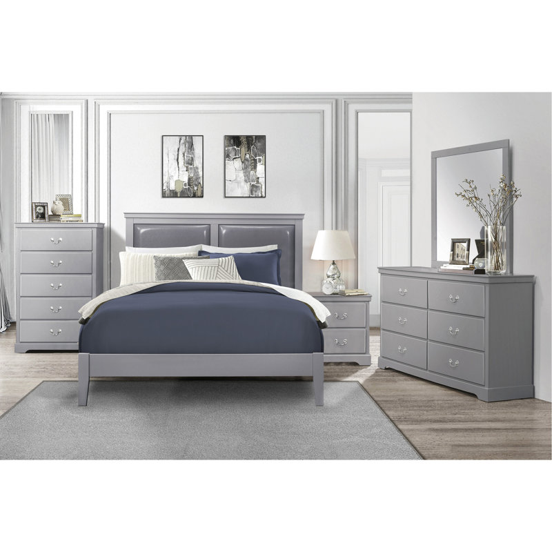 Lit pour grand lit à finition grise avec tête de lit et cadre en bois classique, Gris, Grand lit