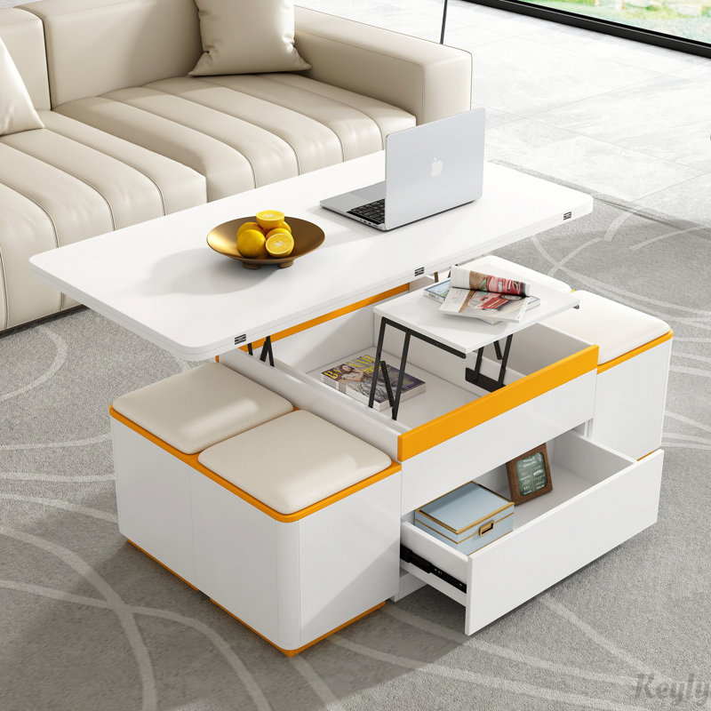Table basse à plateau relevable avec 4 tabourets de rangement et plateau pliable, Blanc
