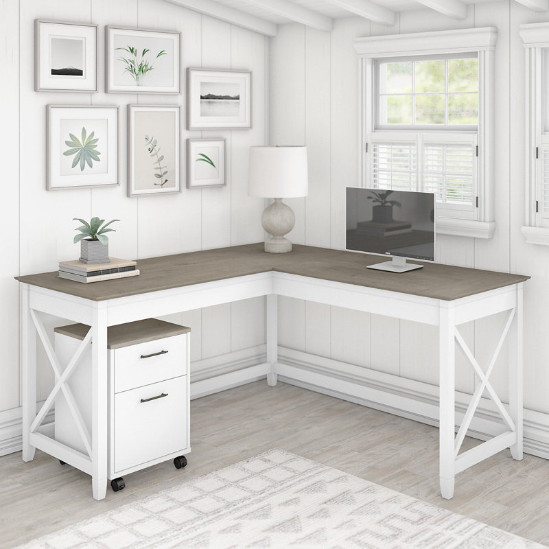 Kaionna L-Shaped Credenza Desk, Shiplap Grey/Pure White
