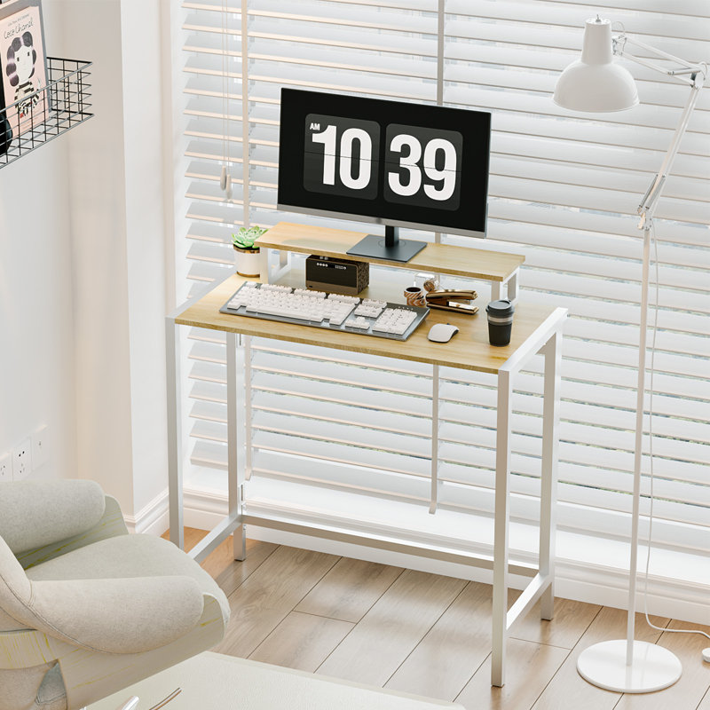 Bureau d'ordinateur pliant 31,5 po brun rustique avec tablette pour moniteur et lumières DEL, Beige/White
