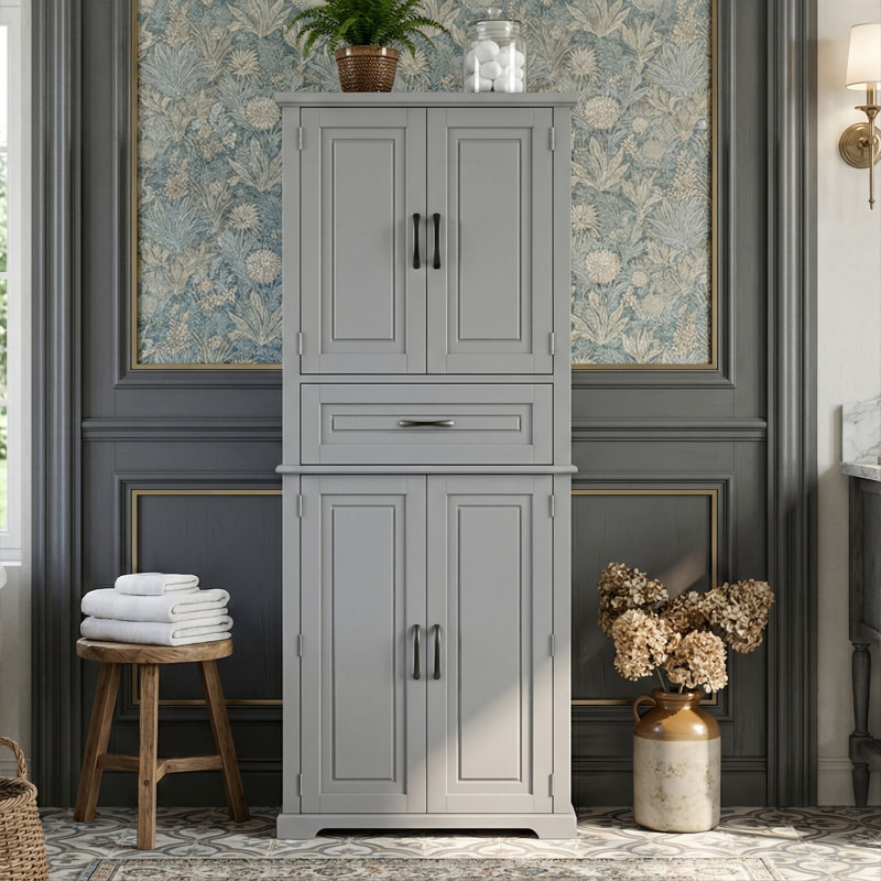 72" Tall Bathroom Storage Cabinet With Door Racks, Freestanding Linen Tower With Drawer & Adjustable Shelves, Gris