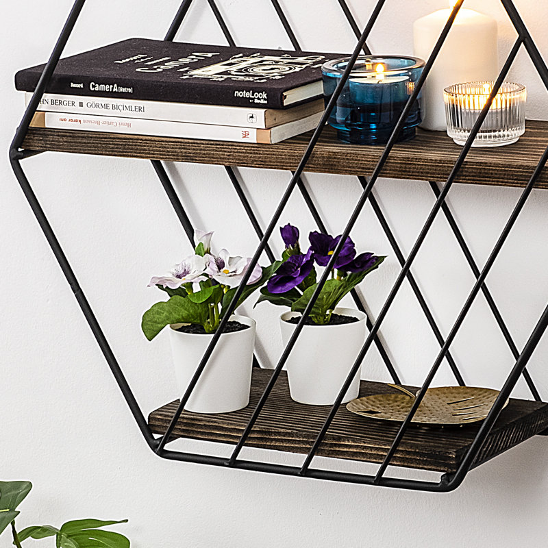 Modern Wall Shelf, Black & Dark Walnut, 17.3 x 15.7 x 5.9 Inches | 100% Spruce Wood (Thickness: 0.4 Inches) & 100% Metal Frame (Thickness: 0.06 Inches) | Industrial Design, Perfect for Home Decor & Organization