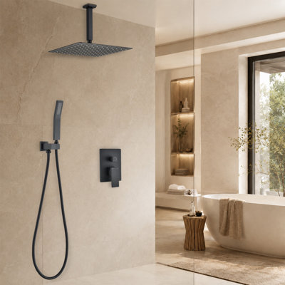 Système de douche à pluie 12 po avec douche à main et valve à pression équilibrée, nickel brossé 12 po