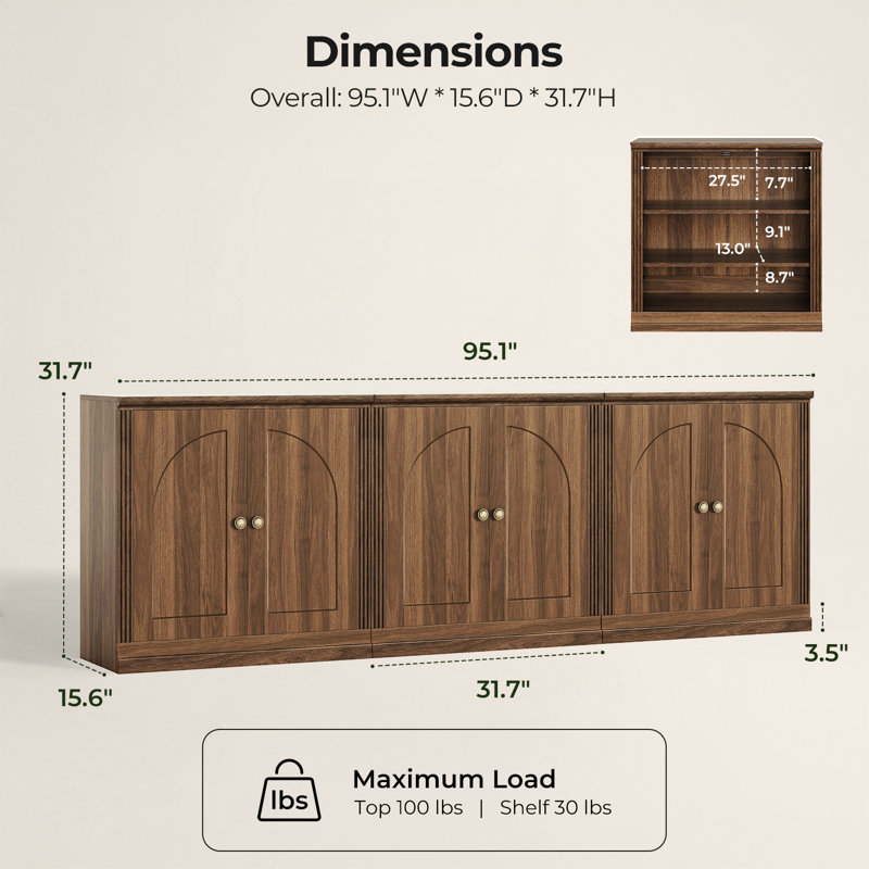 Set Of 3 Sideboard Cabinets With Doors, Walnut, Walnut