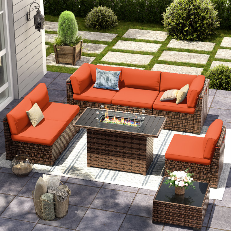 Bhairavi Wicker - Person Modular Patio Conversation Set with Cushions, 6, Orange
