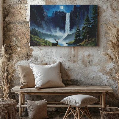 Toile, art mural de nuit avec cerf et cascade