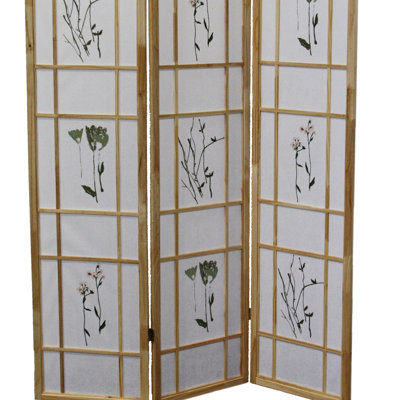 Cloison de 3 écrans de 70 po de hauteur, finition naturelle, pin massif, style asiatique traditionnel, imprimé floral, paravent asiatique de l 50 po x H 70 po