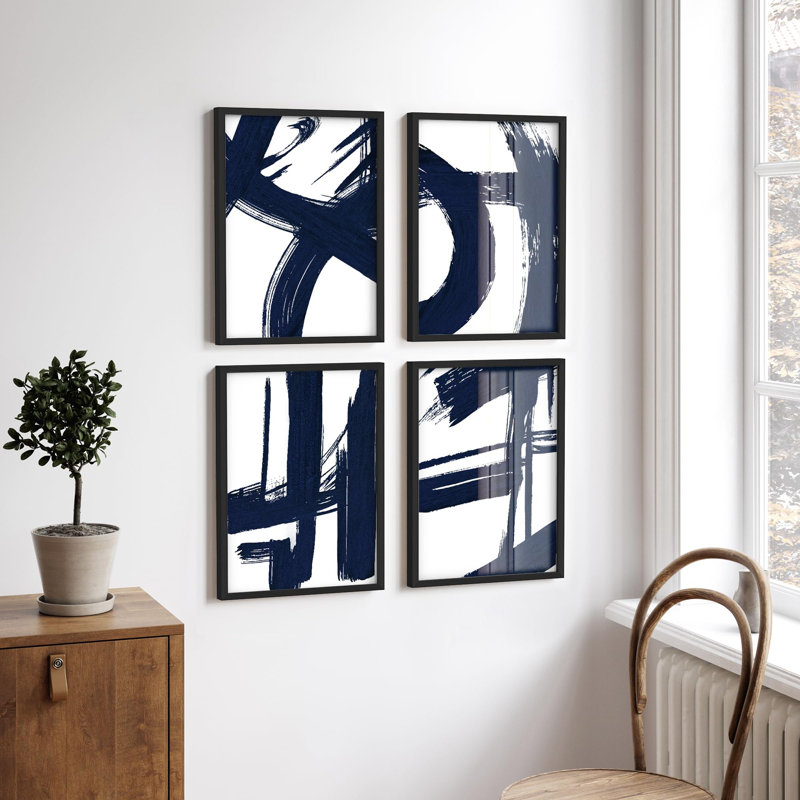 "Décoration murale moderne minimaliste à motif abstrait coups de pinceau", 4 pièces, Noir, H 28 po x l 22 po