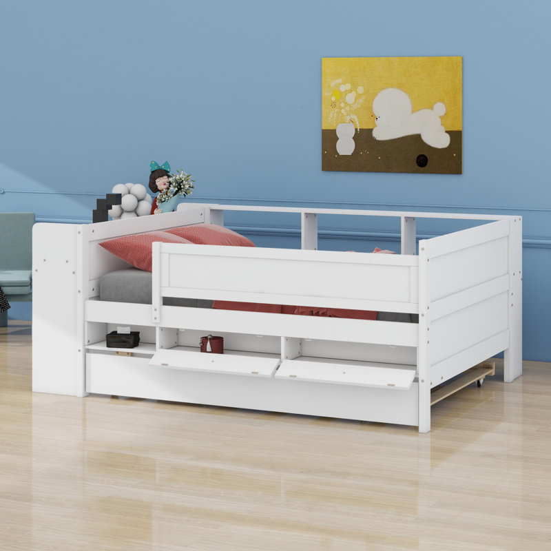Lit de jour avec tiroirs et lit gigogne, tablettes et tables, station de charge USB, Blanc