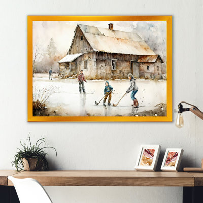 Garçons jouant au hockey à la cabane IV - Impression sur toile