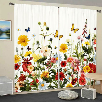 2Pcs Rideaux à imprimé floral vibrant, conception botanique de pré d'été, filtrage de la lumière et protection de la vie privée, passe-tringle pour le salon, la chambre, le balcon, la cuisine