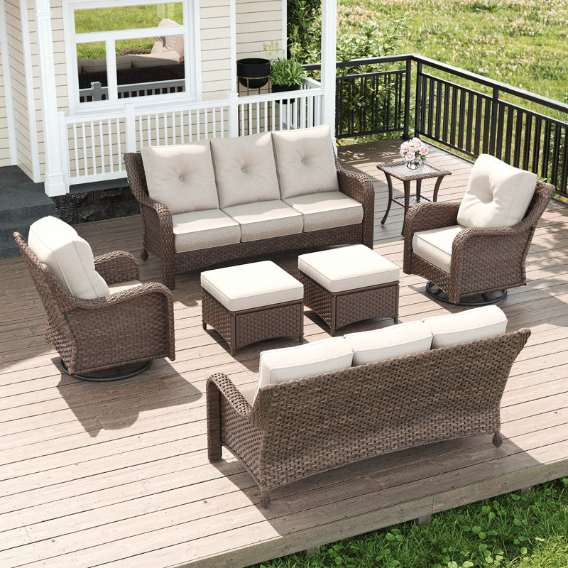  Ensemble de meubles d'extérieur en osier 7 pièces avec coussins confortables de 6 pouces, ensemble de meubles de patio à haut dossier avec chaises berçantes pivotantes et table d'appoint