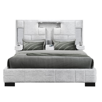Grey Fabric Contemporary King Bed With Fold - Down Built In Wireless And Led Lights Speakers