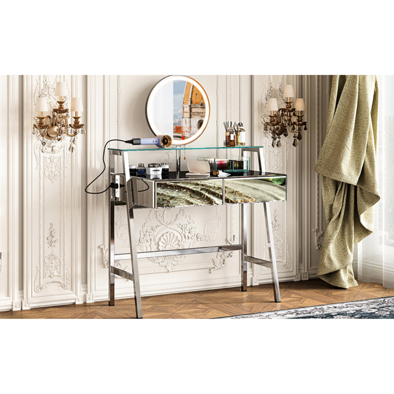 Console de meuble-lavabo à miroir argenté avec lumières et miroir, 2 tiroirs spacieux, tablette ouverte, espace de chargement dans la chambre à coucher, lumières de coiffeuse 33,9 po