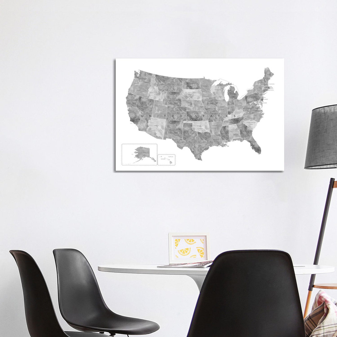 Gray Watercolor Map Of The Usa With States And State Capitals by Blursbyai - Gallery-Wrapped Canvas Giclée on Canvas