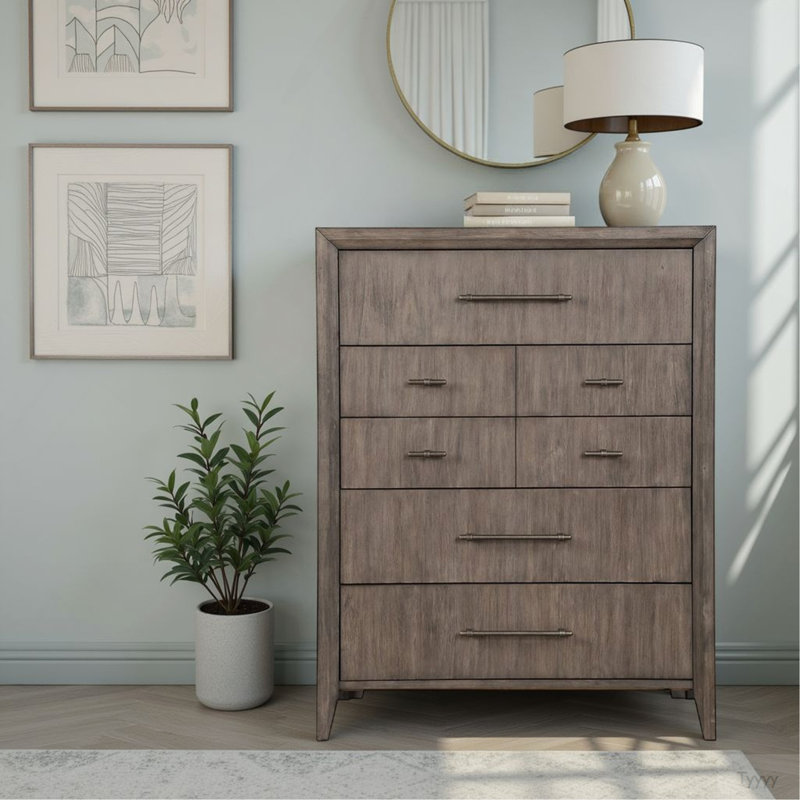 Commode 5 tiroirs Avana, aucun assemblage requis, finition grège fumée