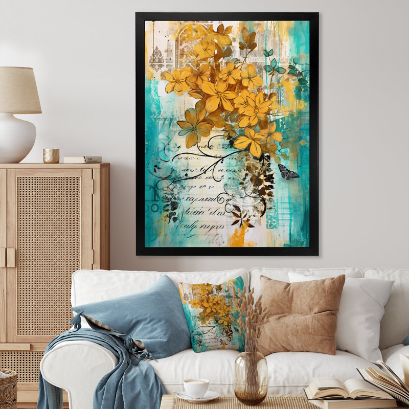 Fleurs jaunes sur turquoise, Cadre photo noir simple, H 40 po x l 30 po x P 1,5 po