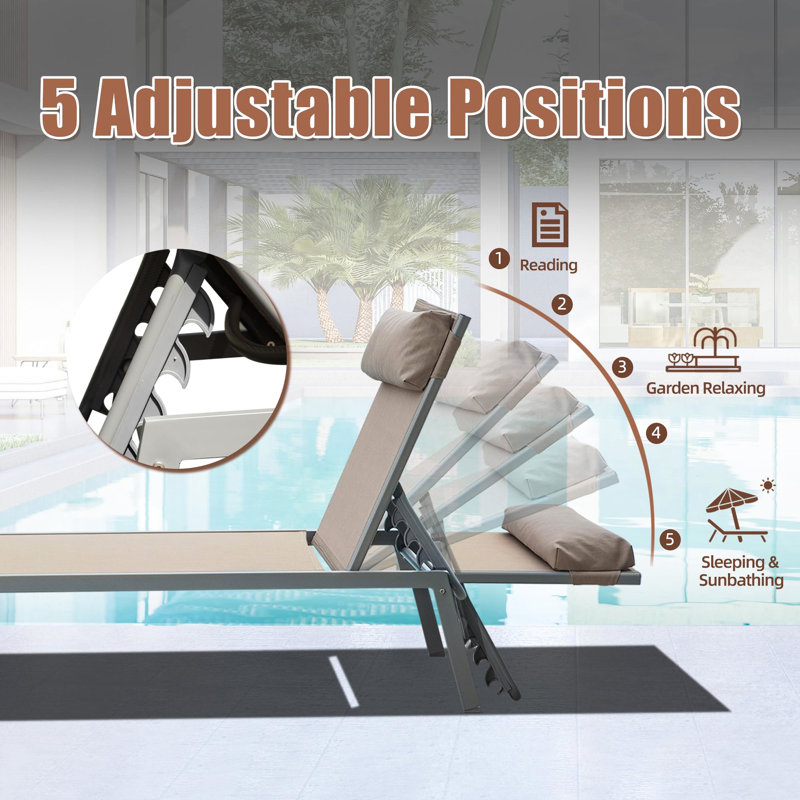 Patio Chaise Lounge Of 3: Aluminum Pool Chairs With Side Table For Outdoor Use. Adjustable Recliner In Khaki. Superior Comfort, 5 Positions, . Frame, Material. All Weather Poolside, Beach, Yard,