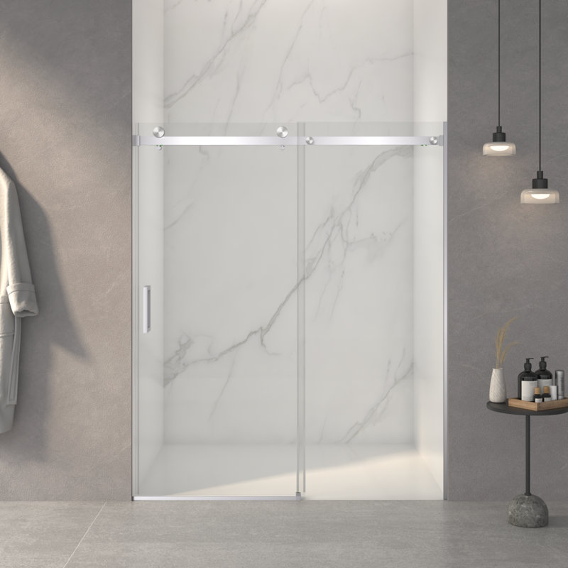 5660"W X 72"H Frameless Sliding Shower Door,5/16" (8Mm) Thick SGCC Tempered Clear Glass,Double Side Easy Clean Coat, Brushed Nickel Finished With Buffer