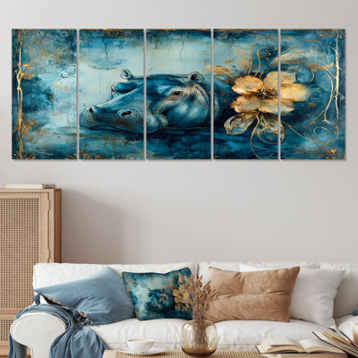 «Blue Art Nouveau Hippo Accents With Yellow II - Hippopotamus», ensemble d'art sur toile