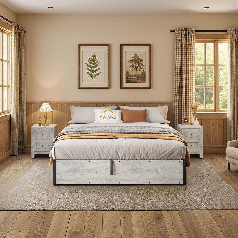 Ensemble de chambre à coucher rustique 3 pièces avec cadre de lit de rangement grand format et 2 tables de chevet, blanc rustique
