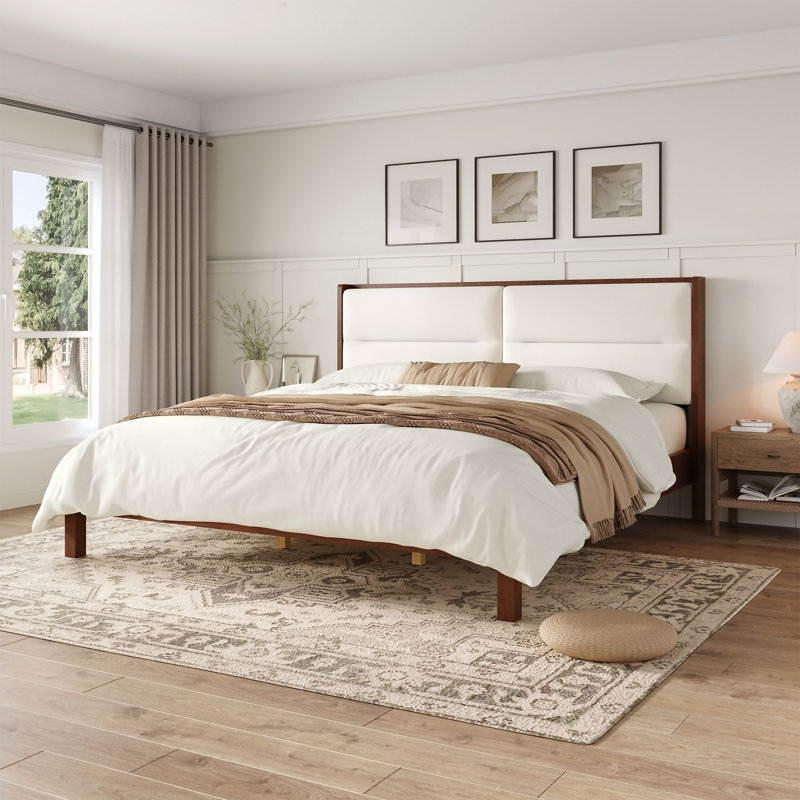 Solid Wood Queen Size Platform Bed Frame With Beige Velvet Upholstered Headboard, King, Espresso