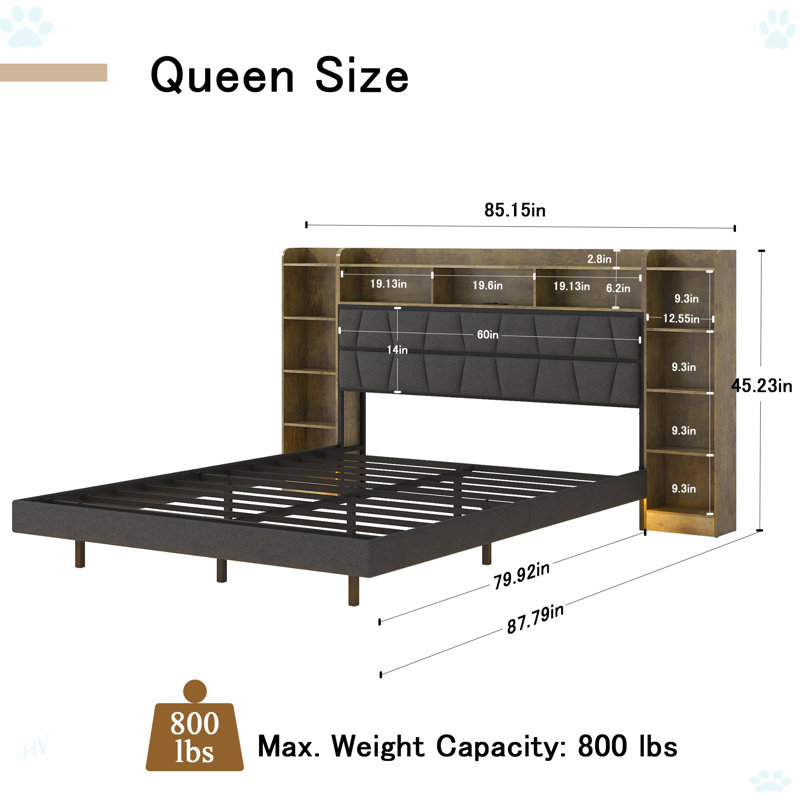 Floating Bed Frame With LED Light And Bookcase Storage Headboard