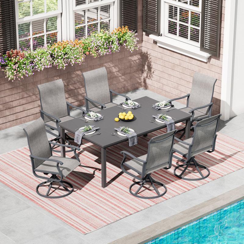 6-Person Outdoor Dining Set with 63"L Rectangular Dining Table and PVC-coated polyester Swivel Chairs, Gray/Gray