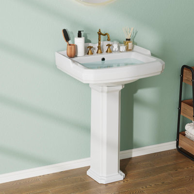 26" x 20" Ceramic Pedestal Sink – 8" Widespread, 3 Faucet Holes, Space-Saving Bathroom Vanity Alternative