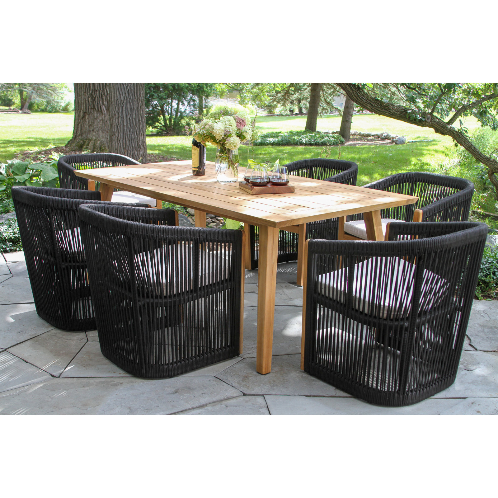 Aniston 7 Piece Teak & Rope 78.5" Dining Set with Sunbrella Cushions